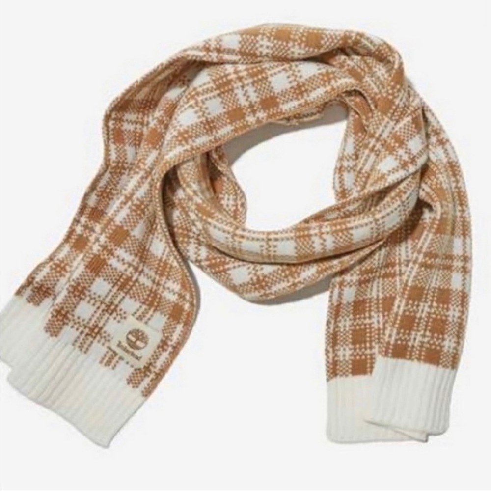 Timberland caramel + white plaid scarf 10x68” new, unopened in wrapper